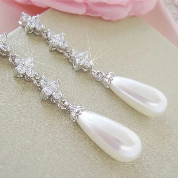 Long Cubic Zirconia Post Stud Earrings With Pearl Drops Nadri Style - Picture 2 of 7